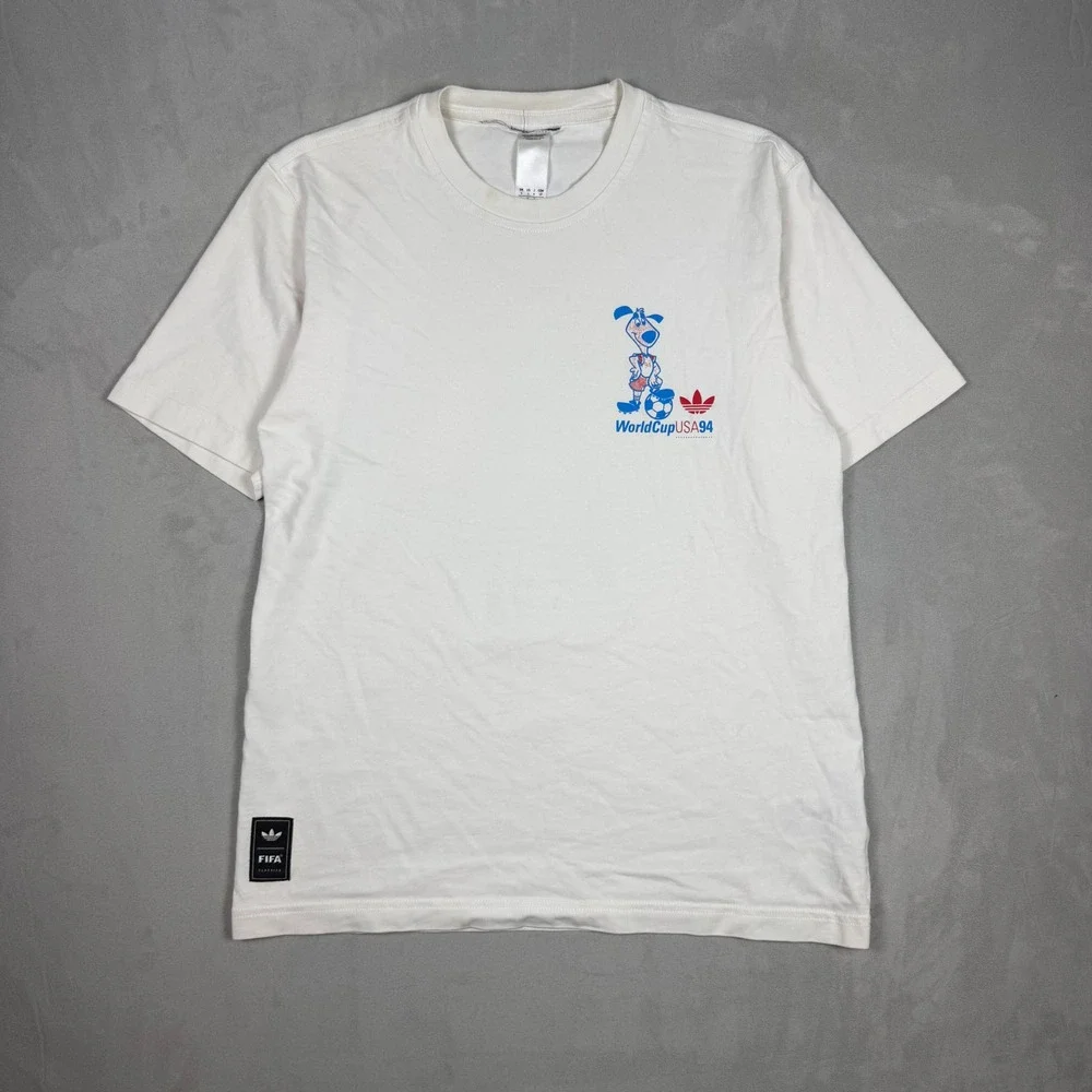 90s Mens Adidas World Cup USA 94 Striker Mascot Graphic Soccer T-Shirt Small